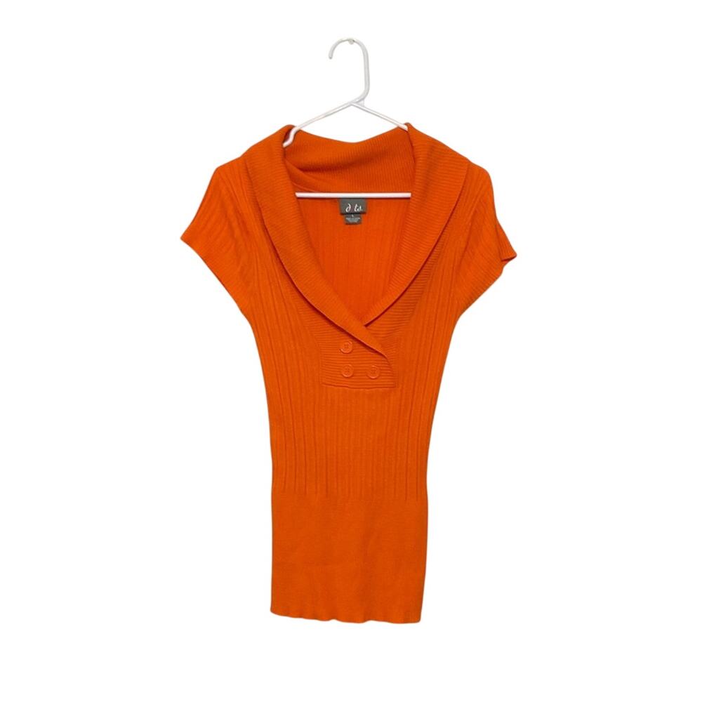 VTG Y2K Orange Knit Sweater Tunic/Mini Dress Large Stretch Short Sleeve Ribbed